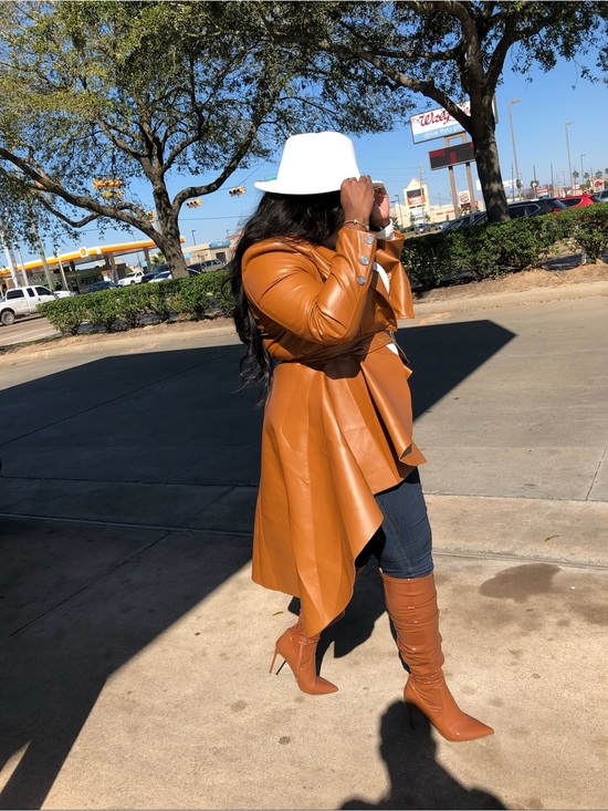 Jackets & Blazers - Women's Asymmetric Faux Leather Trench Coat - Tan